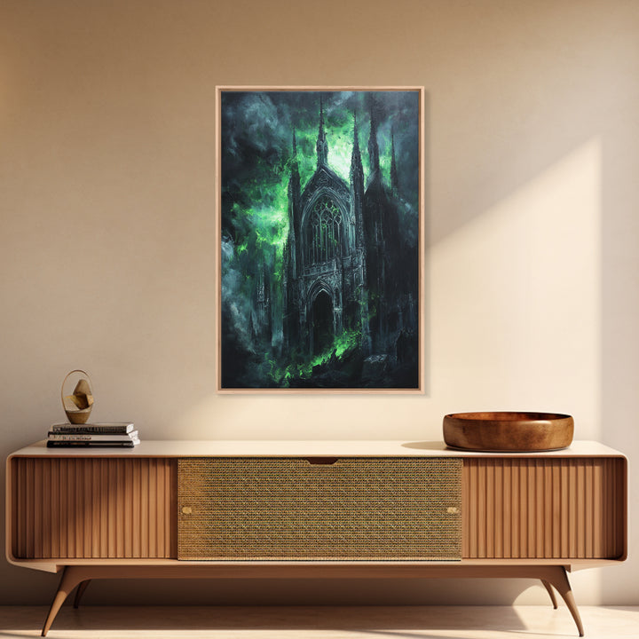 Misty Gothic Church In Green Fog Framed Canvas Print, Dark Academia Wall Art, Haunted Chapel Decor, Fantasy Architecture