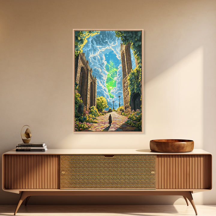 Glowing Crystal Towers Above Ruins Wall Art, Fantasy City Canvas Print, Whimsical Garden Decor, Magical Architecture Poster