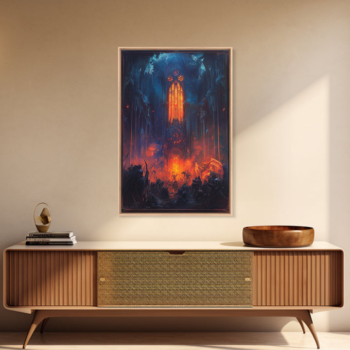 Fiery Gothic Cathedral Battle Canvas Print, Dark Fantasy Wall Art, Medieval Warrior Decor, Dramatic Red And Blue Poster Print