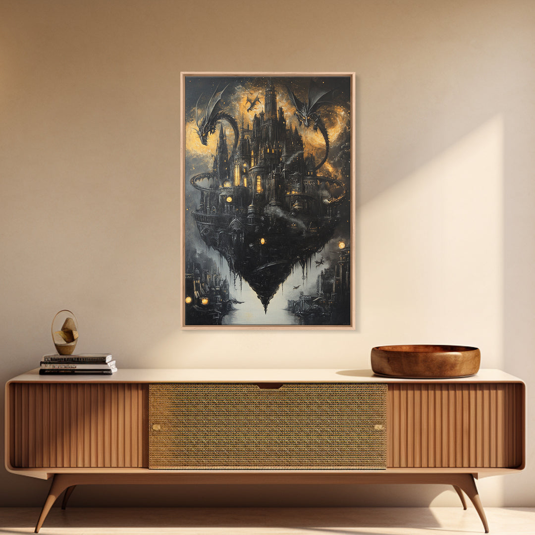 Floating Gothic Dragon Castle Wall Art, Dark Fantasy Canvas Decor, Moody Medieval Citadel Print, Gothic Home Decor Gift