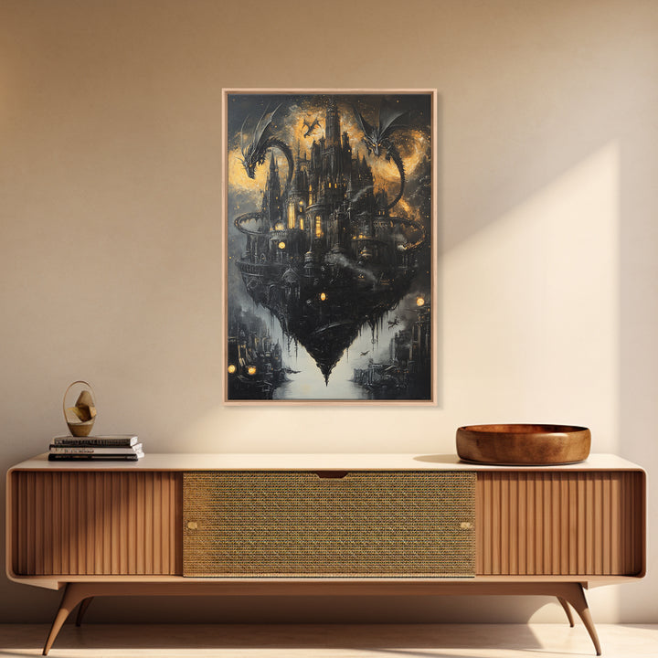 Floating Gothic Dragon Castle Wall Art, Dark Fantasy Canvas Decor, Moody Medieval Citadel Print, Gothic Home Decor Gift