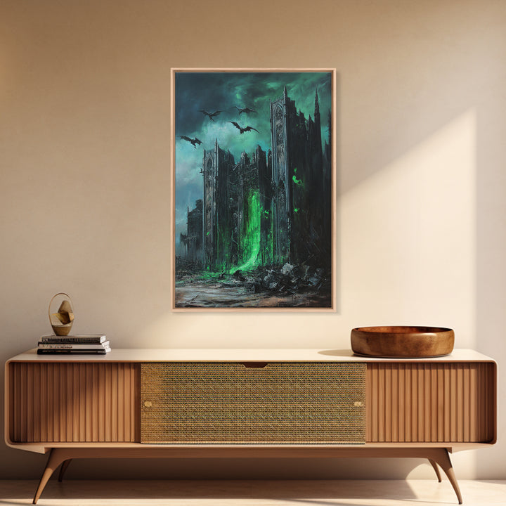 Green Portal Gothic Cathedral Wall Art, Dark Fantasy Ruins Print, Dragon Raven Decor, Moody Gothic Home Decor Gift For Him