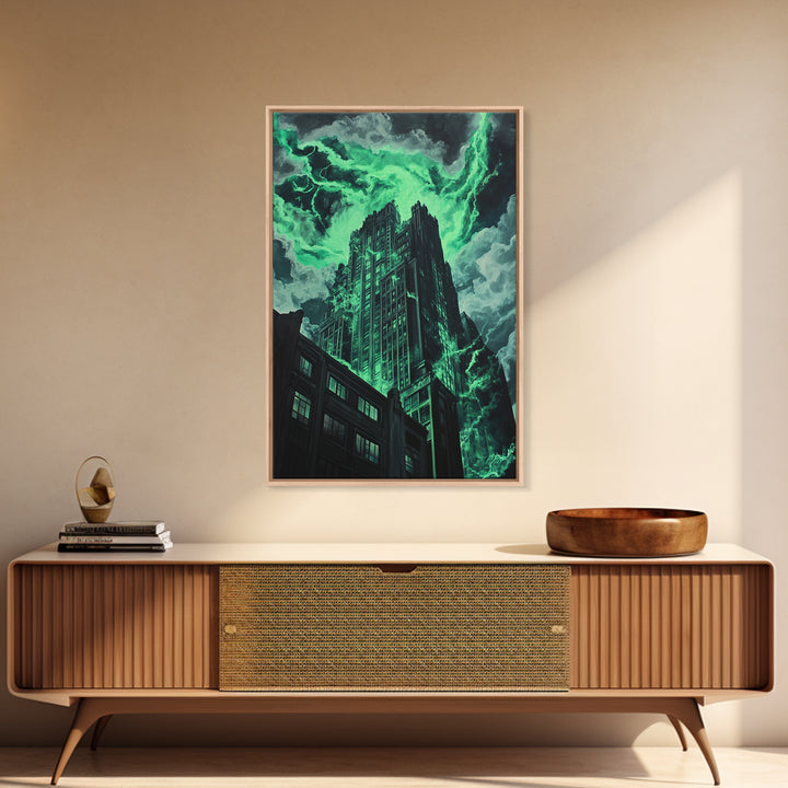 Emerald Storm Skyscraper Wall Art, Dark Urban Fantasy Print, Gothic City Lightning Decor, Moody Office Wall Decor, Home Decor Gift