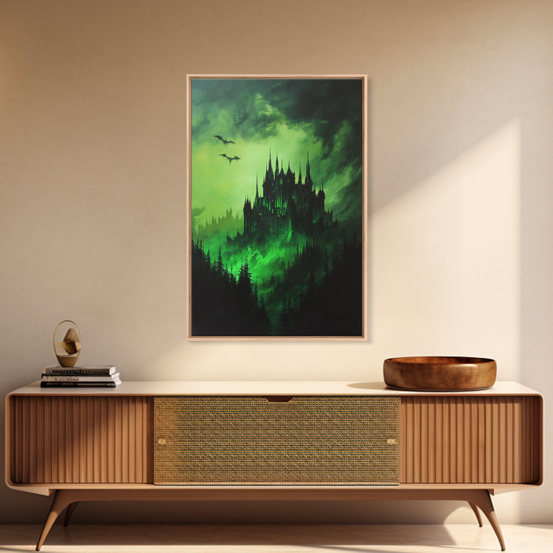Haunted Green Forest Castle Wall Art, Dark Fantasy Gothic Print, Moody Spooky Decor, Witchy Home Decor, Gothic Wall Decor Gift