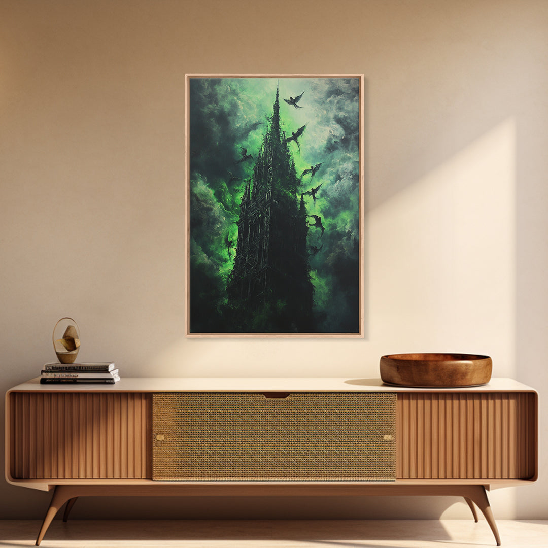 Shadowed Gothic Tower Wall Art, Green Storm Dragon Print, Dark Fantasy Castle Decor, Moody Gothic Home Decor Gift For Him