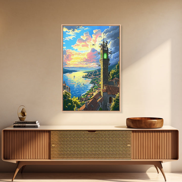 Glowing Coastal Tower At Sunset Canvas Print, Fantasy Seascape Wall Art, Mediterranean Landscape, Living Room Decor, Housewarming Gift