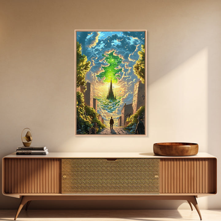 Emerald Sky Castle Above City Street Canvas Print, Surreal Fantasy Wall Art, Mystical Cloudscape, Home Office Decor, Unique Gift