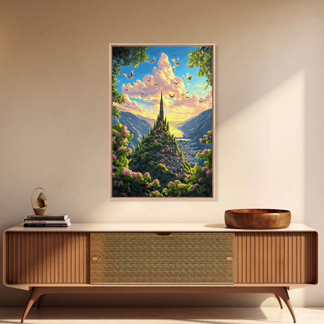 Sunlit Mountain Village With Flying Dragons Canvas Print, Fantasy Landscape Wall Art, Whimsical Home Decor, Gift For Her