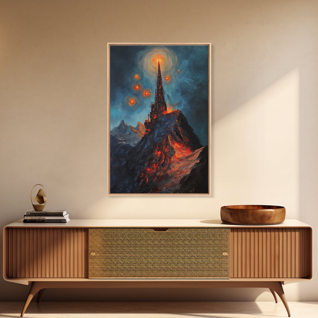 Fiery Dark Mountain Citadel With Red Orbs Canvas Print, Gothic Fantasy Wall Art, Lava Landscape, Moody Office Decor, Gift For Him