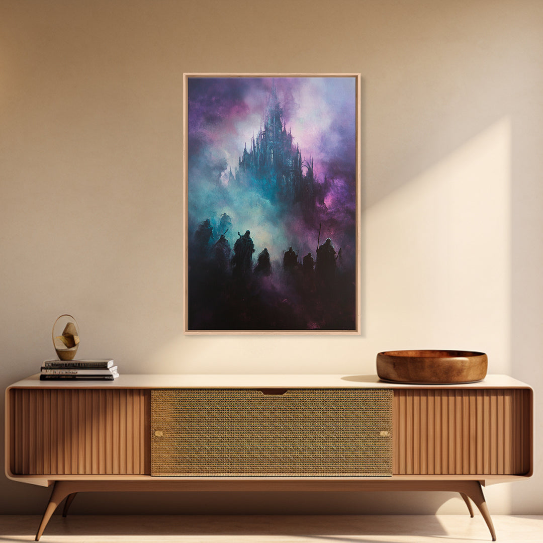 Purple Mist Fortress And Shadow Riders Framed Canvas Print, Dark Fantasy Wall Art, Gothic Castle Decor, Statement Artwork