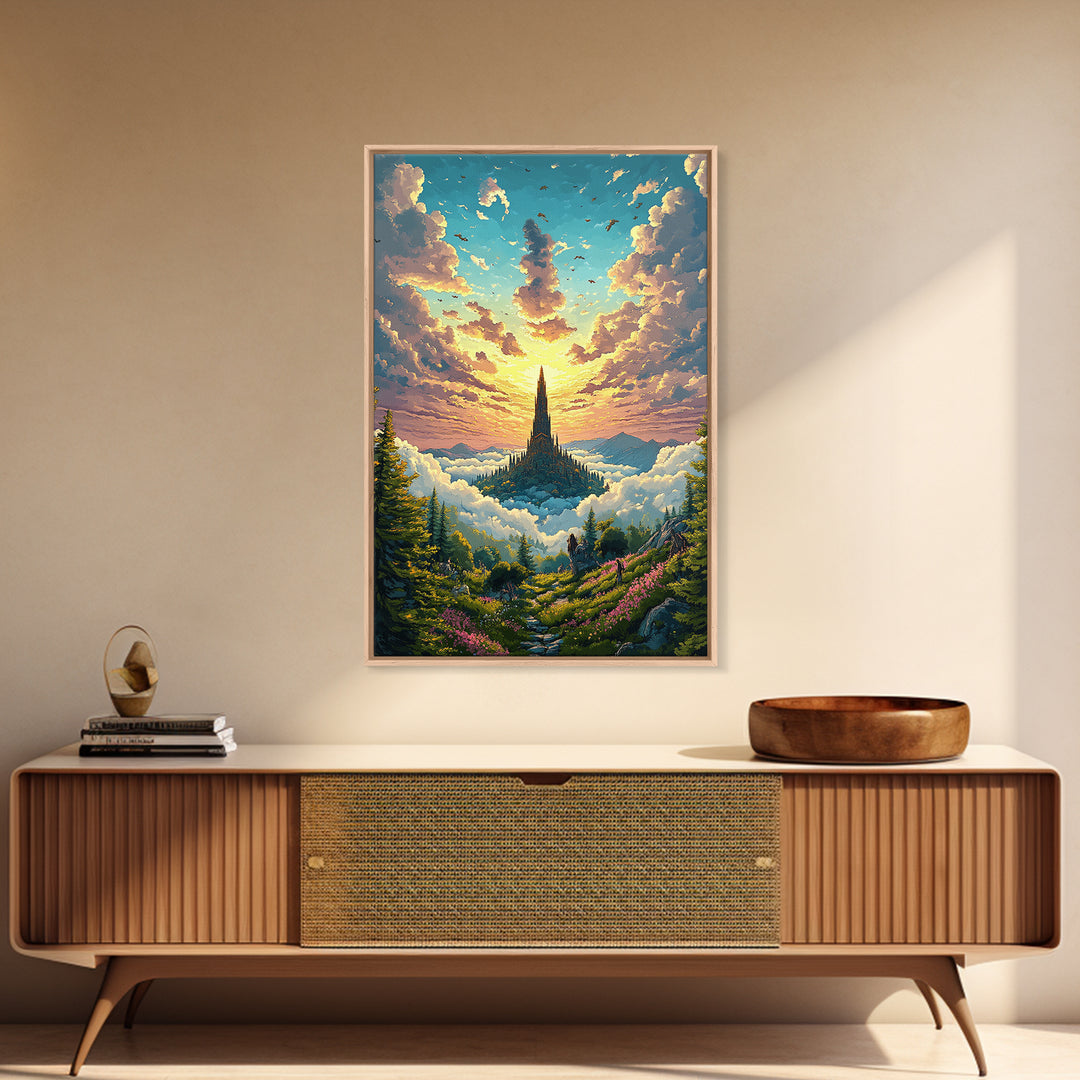 Golden Cloud Kingdom Spire At Sunrise Canvas Print, Fantasy Landscape Wall Art, Colorful Nature Art, Living Room Decor, Housewarming Gift