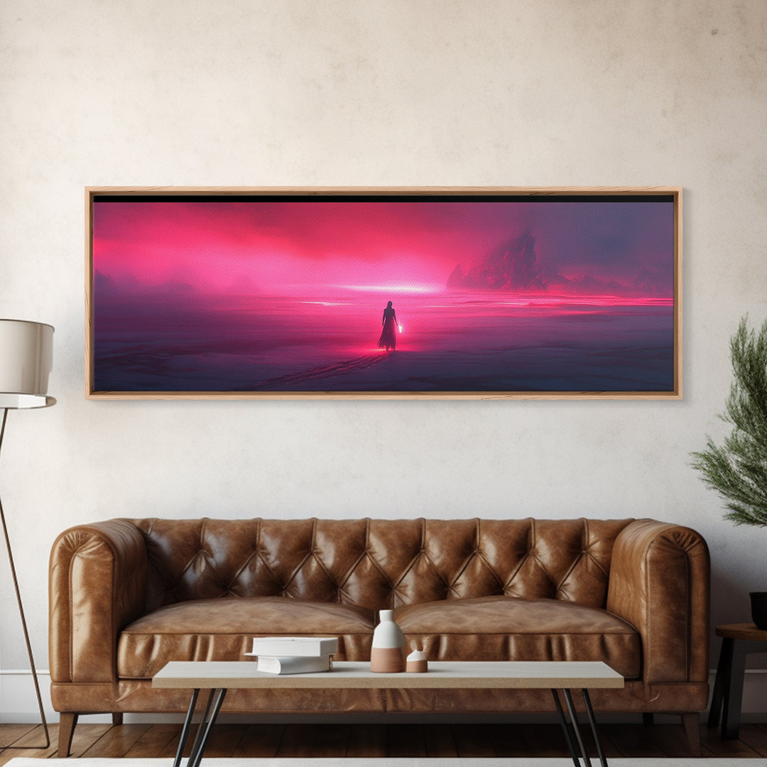 Lone Traveler In Magenta Alien Fog Wall Art, Sci Fi Landscape Canvas, Futuristic Decor, Neon Pink Living Room Art Print Gift