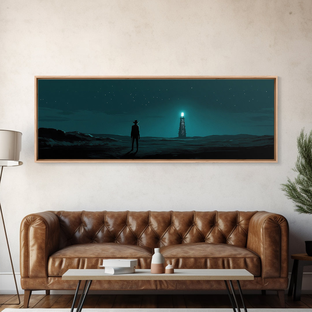 Starry Teal Desert Cowboy And Beacon Tower Wall Art, Sci Fi Western Landscape Print, Masculine Office Decor Gift For Him