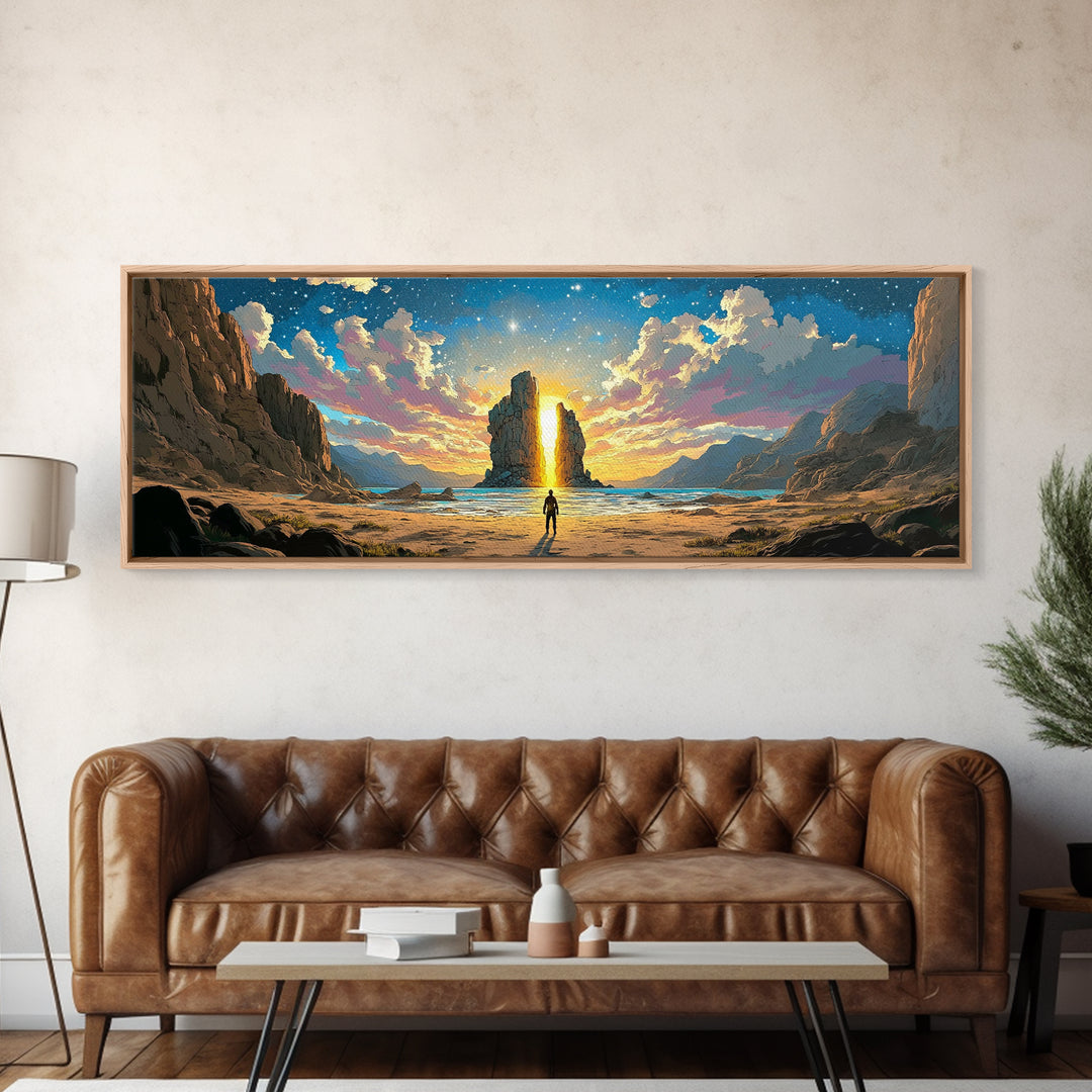 Golden Canyon Monolith At Sunrise Canvas Print, Epic Fantasy Landscape Wall Art, Modern Home Decor For Living Room Housewarming Gift