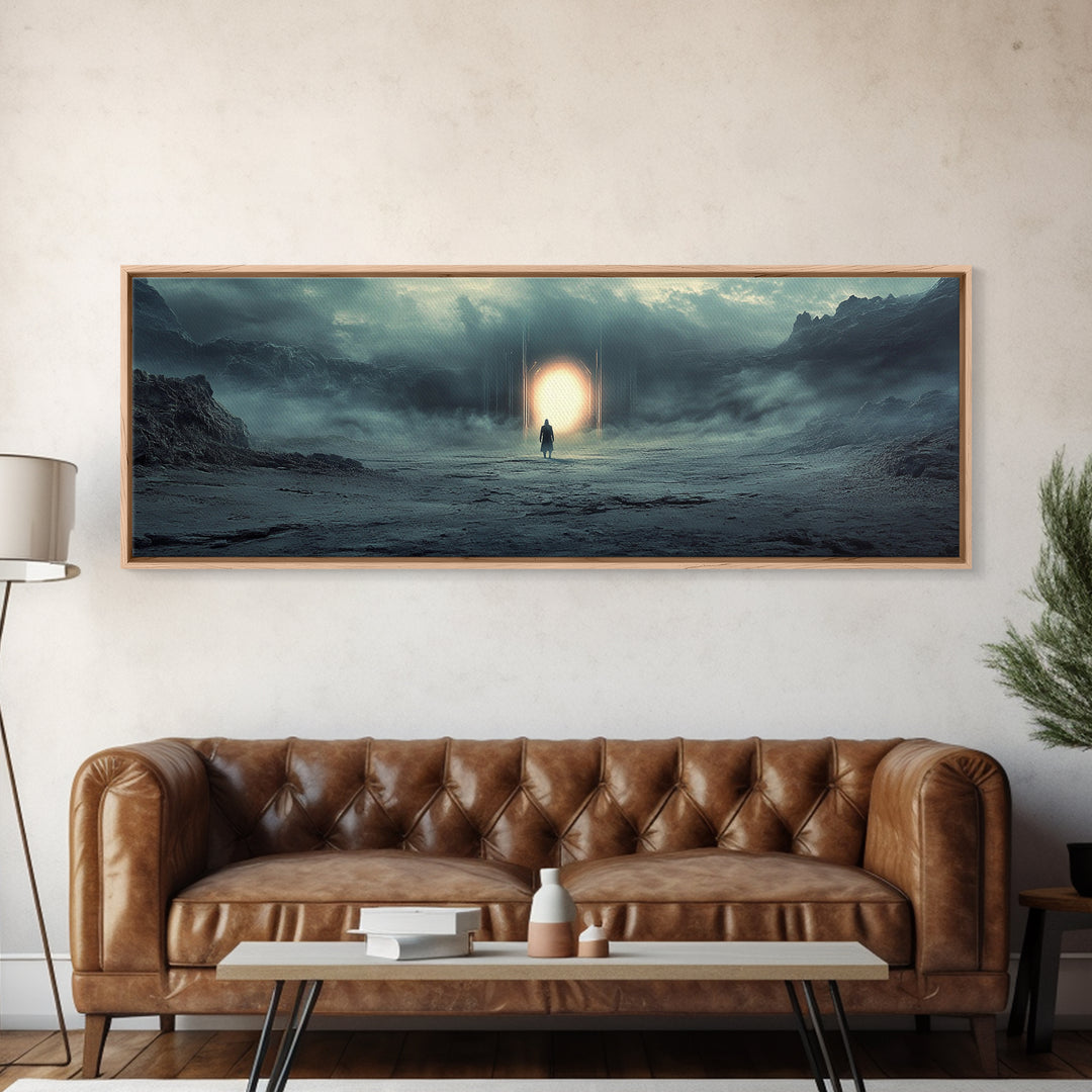 Misty Portal In Dark Mountains Wall Art, Moody Sci Fi Landscape Canvas Print, Atmospheric Office Decor And Modern Wall Decor