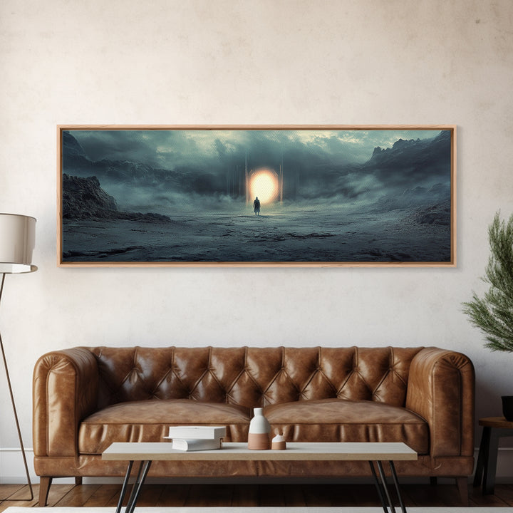 Misty Portal In Dark Mountains Wall Art, Moody Sci Fi Landscape Canvas Print, Atmospheric Office Decor And Modern Wall Decor