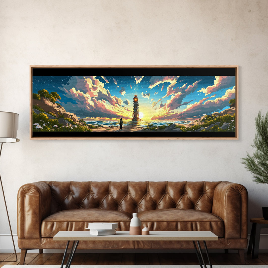 Colorful Beacon Tower By Ocean Sunset Canvas Print, Sci Fi Coastal Landscape Wall Art, Vibrant Living Room Wall Decor Gift