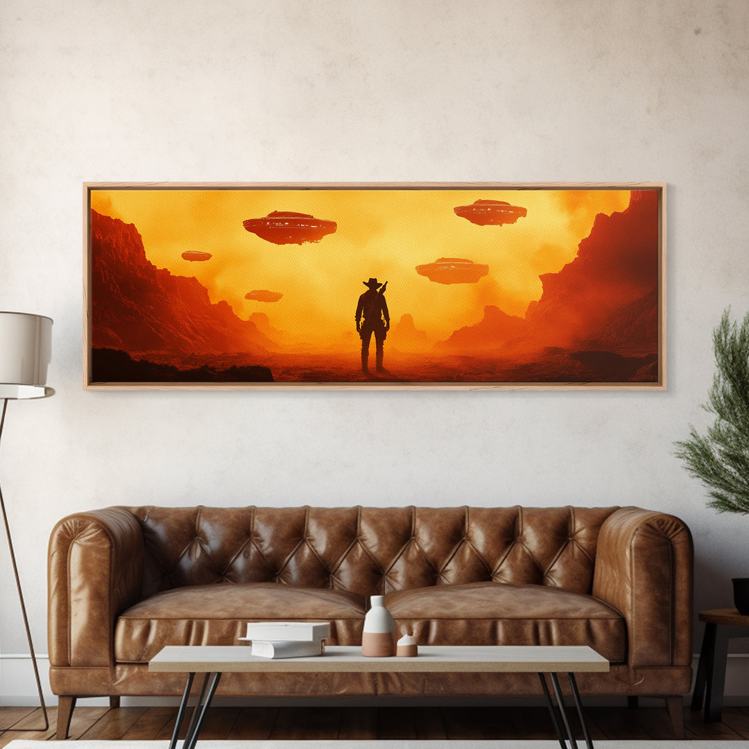 Orange Alien Canyon With UFOs And Cowboy Wall Art, Retro Sci Fi Western Canvas Print, Desert Landscape Decor Gift For Him
