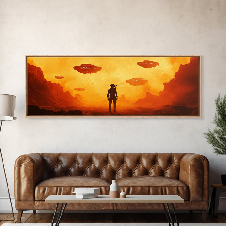 Orange Alien Canyon With UFOs And Cowboy Wall Art, Retro Sci Fi Western Canvas Print, Desert Landscape Decor Gift For Him