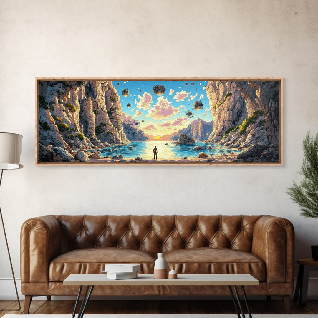 Alien Canyon Lagoon Canvas Print, Floating Rocks Fantasy Landscape, Panoramic Sci Fi Wall Decor, Large Modern Living Room Art