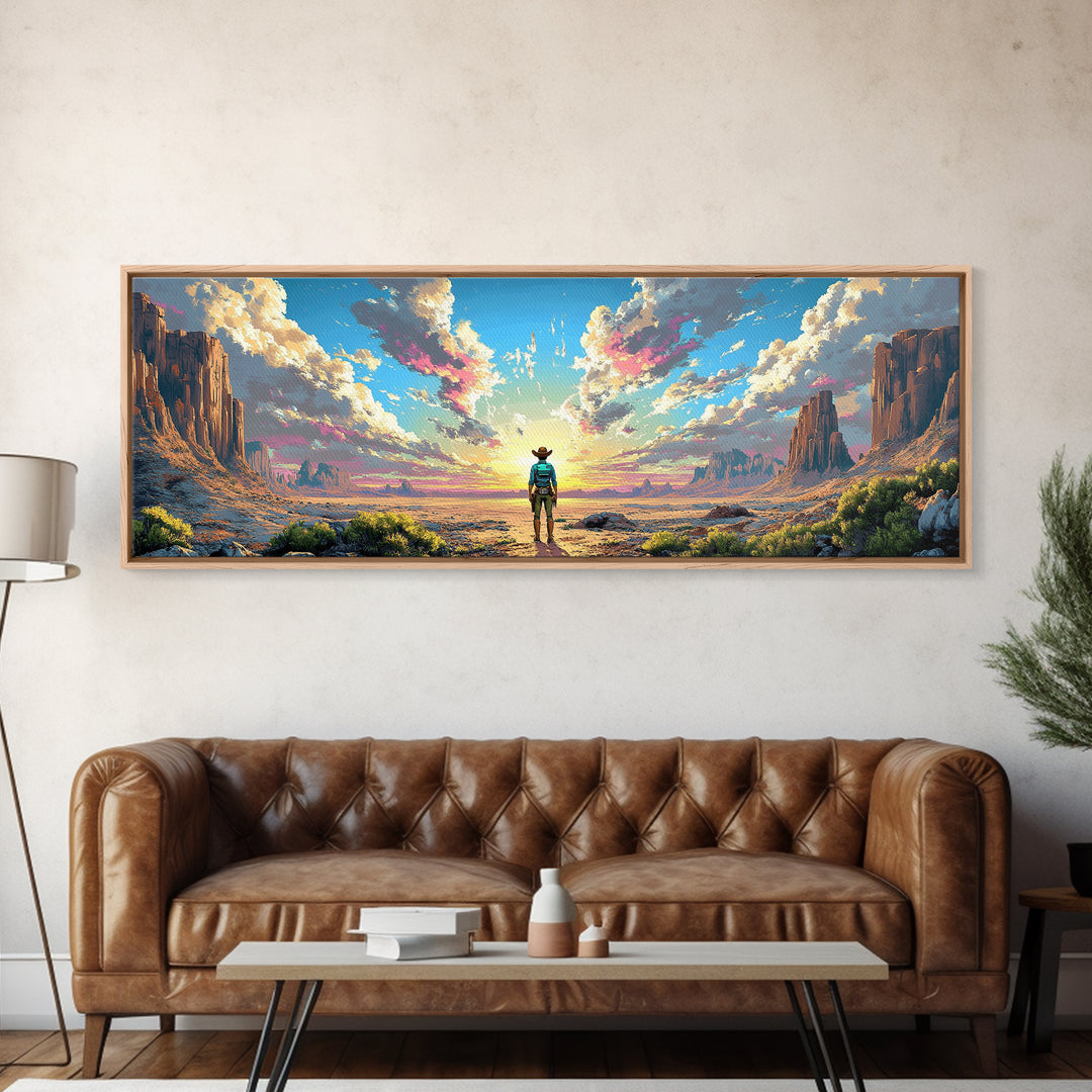 Cowboy Desert Mesa Wall Art, Vast Western Sunrise Landscape, Panoramic Canvas Print, Rustic Home Decor For Living Room Art
