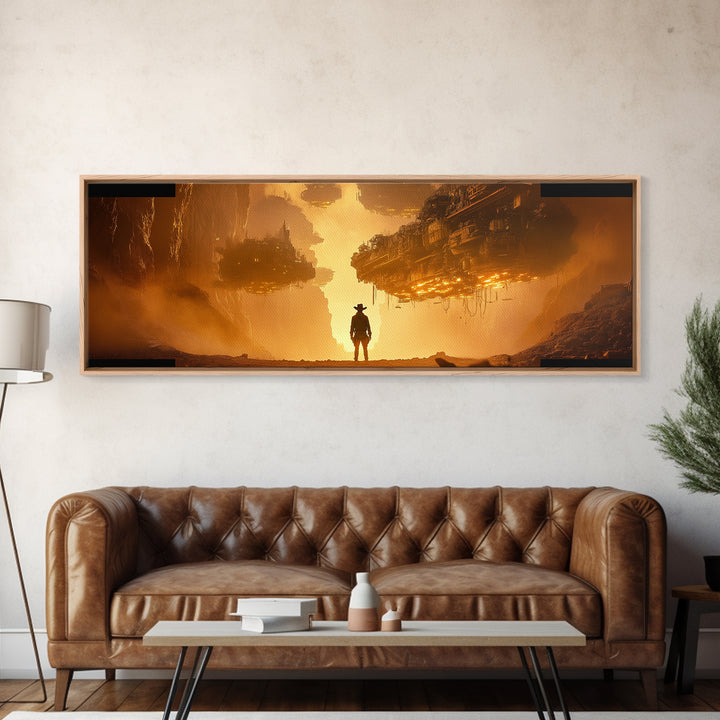 Golden Dystopian Airship Canyon Wall Art, Sci Fi Cowboy Landscape, Orange Futuristic Cinematic Canvas Print, Man Cave Decor