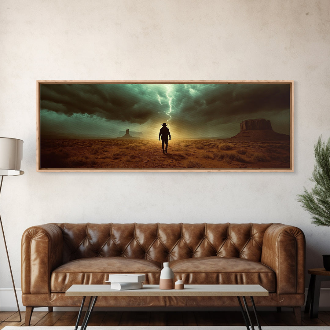 Lightning Storm Desert Cowboy Canvas Print, Large Moody Rustic Western Landscape, Dramatic Wall Art, Masculine Office Decor