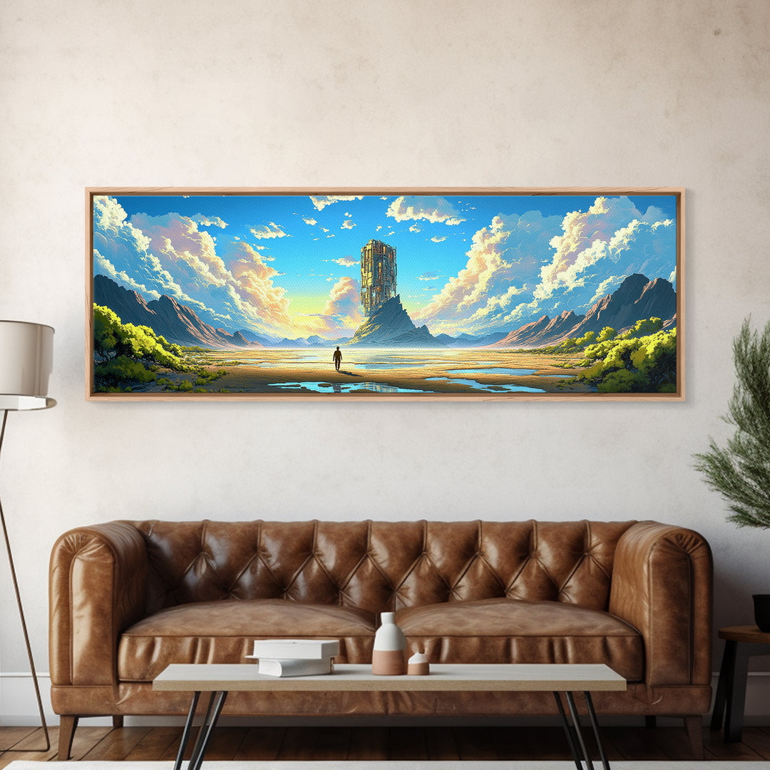 Mountain Valley Monolith Canvas Print, Bright Sci Fi Landscape, Panoramic Wall Art, Modern Nature Decor For Living Room Art
