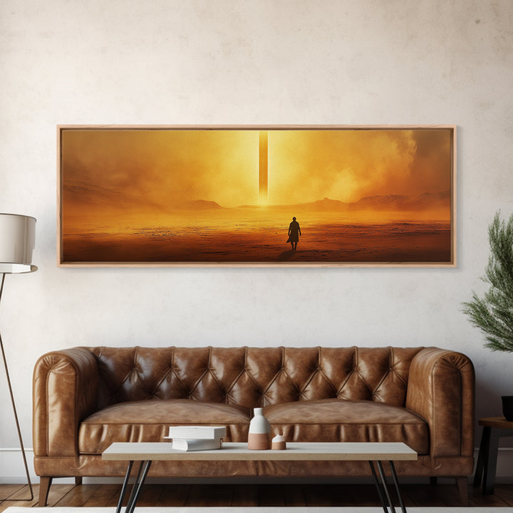 Golden Desert Monolith Wall Art, Cinematic Sci Fi Landscape, Minimalist Canvas Print, Warm Earth Tone Living Room Decor Art