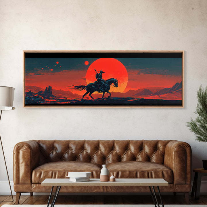 Lone Cowboy At Red Desert Sunset Wall Art, Western Landscape Canvas, Southwestern Decor, Large Horizontal Art Print, Ranch Home Decor