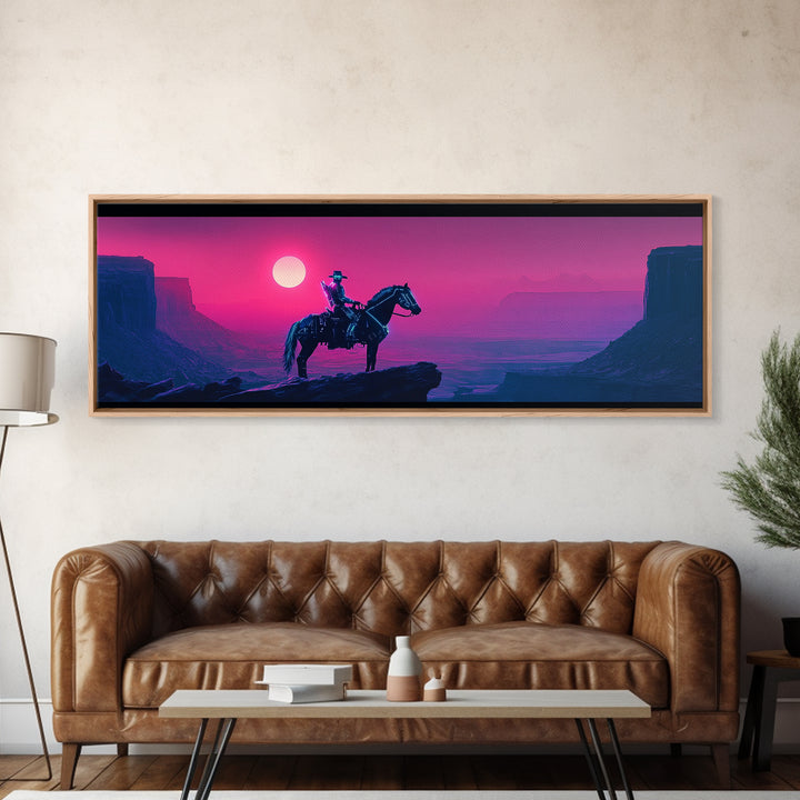 Cowboy On Pink Canyon Cliff Canvas Print, Western Wall Decor, Southwestern Landscape Art, Large Panoramic Wall Art, Home Decor