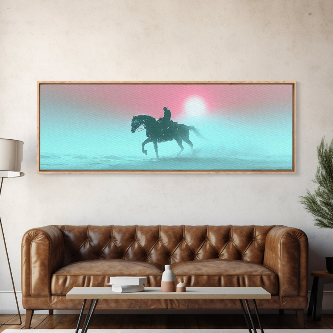Misty Cowboy Riding Through Pastel Fog Wall Art, Western Horse Canvas Print, Serene Landscape Decor, Calming Bedroom Art