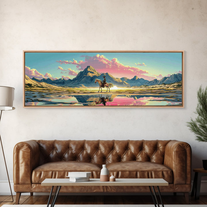 Cowboy And Horse Reflected In Alpine Lake Canvas Print, Western Mountain Wall Art, Pastel Sunset Decor, Large Panoramic Art