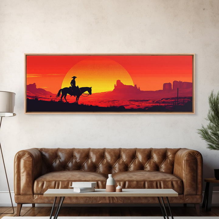 Silhouette Cowboy Crossing Orange Desert Sunset Wall Art, Southwestern Decor, Western Canvas Print, Extra Wide Horizontal Art