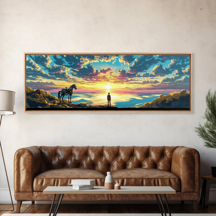 Cowboy And Horse Over Golden Sea Sunrise Framed Canvas Print, Western Landscape Wall Art, Inspirational Home Decor, Above Sofa Art