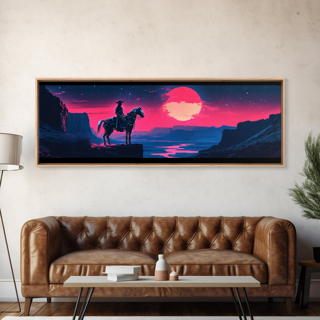 Neon Cowboy Above Moonlit Canyon River Canvas Print, Western Sci Fi Wall Art, Vaporwave Decor, Large Horizontal Print, Home Decor