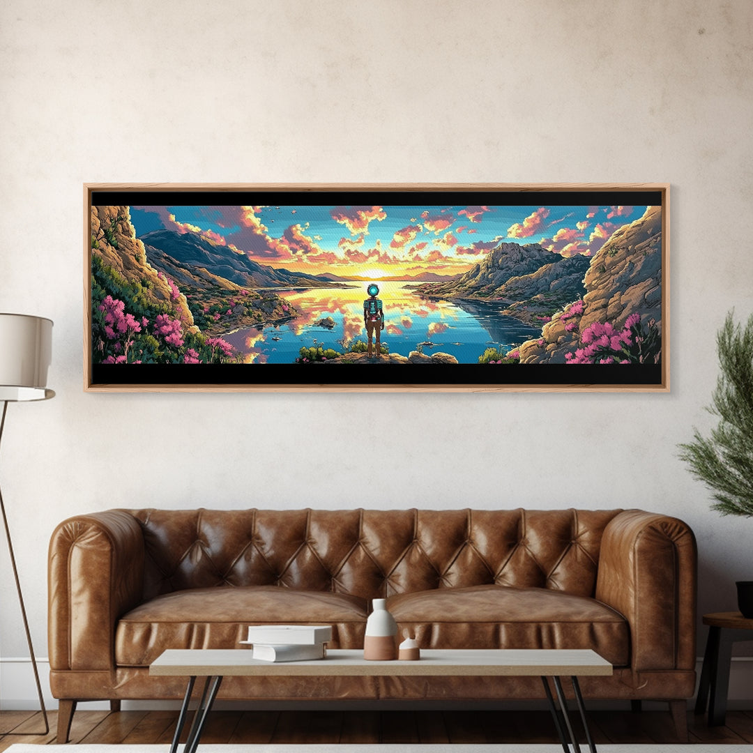Astronaut Over Flowered Mountain Lake Valley Wall Art, Sci Fi Landscape Canvas Print, Colorful Nature Decor, Gaming Room Art