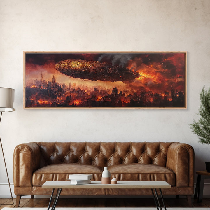 Steampunk Airship Over Burning Futuristic City Wall Art, Dystopian Sci Fi Canvas Print, Dark Industrial Office Decor, Man Cave Art