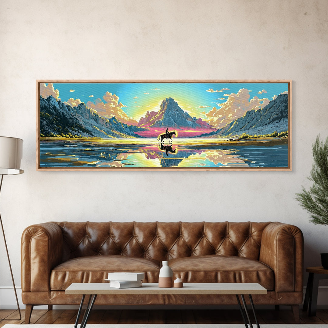 Solitary Rider At Mirror Lake Canvas Print, Western Mountain Landscape Art, Panoramic Wall Art, Rustic Decor, Gift For Him
