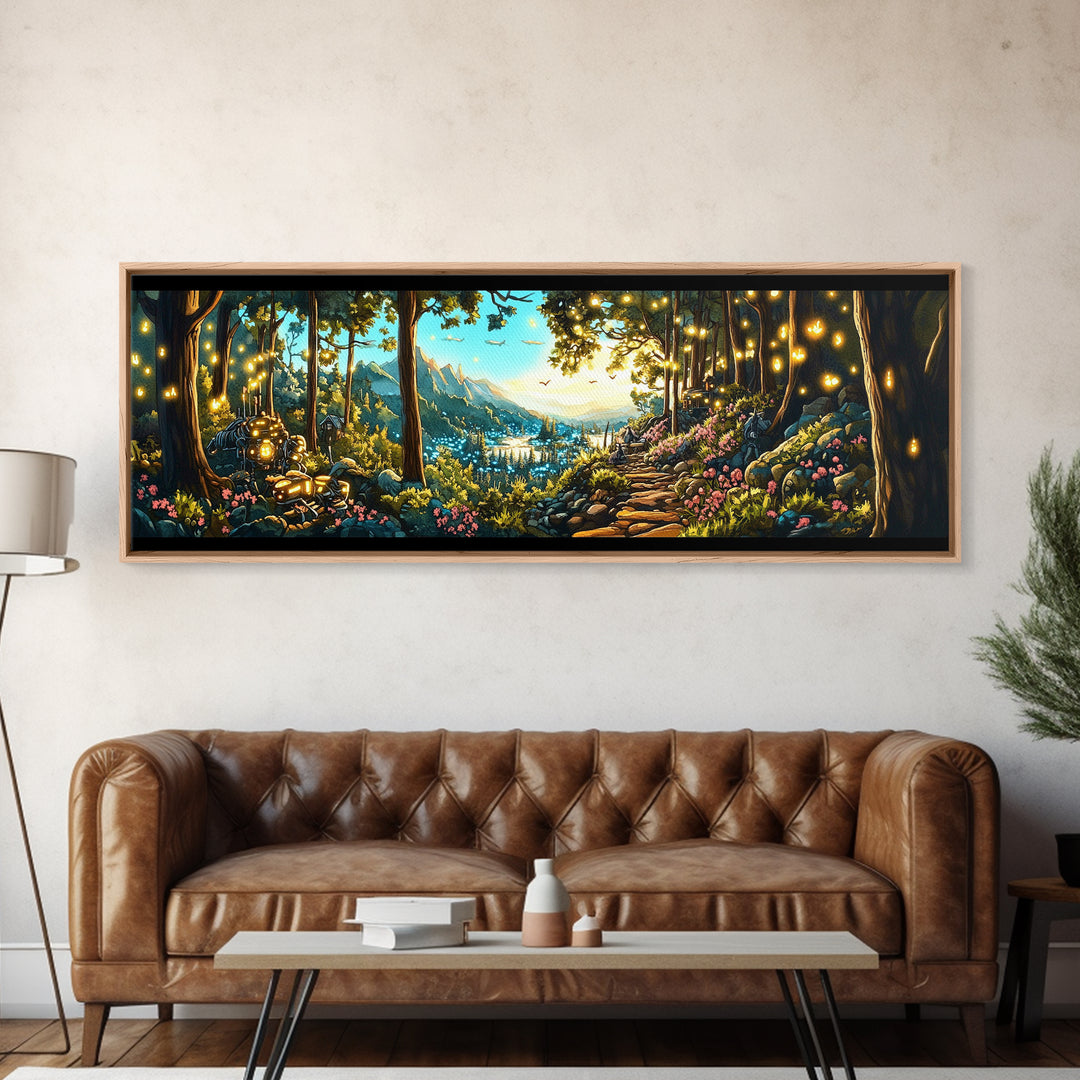 Enchanted Forest Path With Lanterns Wall Art, Mountain Valley Landscape Print, Whimsical Decor, Large Panoramic Canvas Art