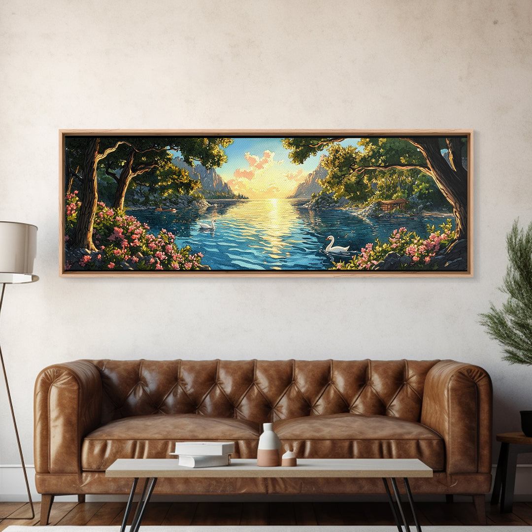 Golden Lakeside Sunset With Swan Wall Art, Romantic Coastal Canvas Print, Serene Landscape Decor, Large Above Bed Art For Bedroom Decor