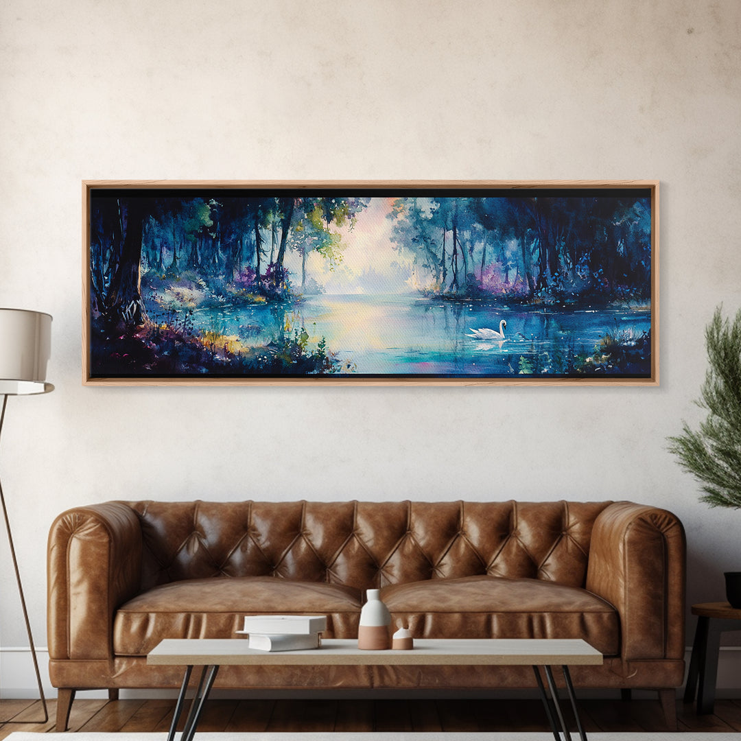 Misty Blue Forest Lake With Swan Wall Art, Moody Landscape Canvas Print, Dark Botanical Decor, Calming Living Room Art Print