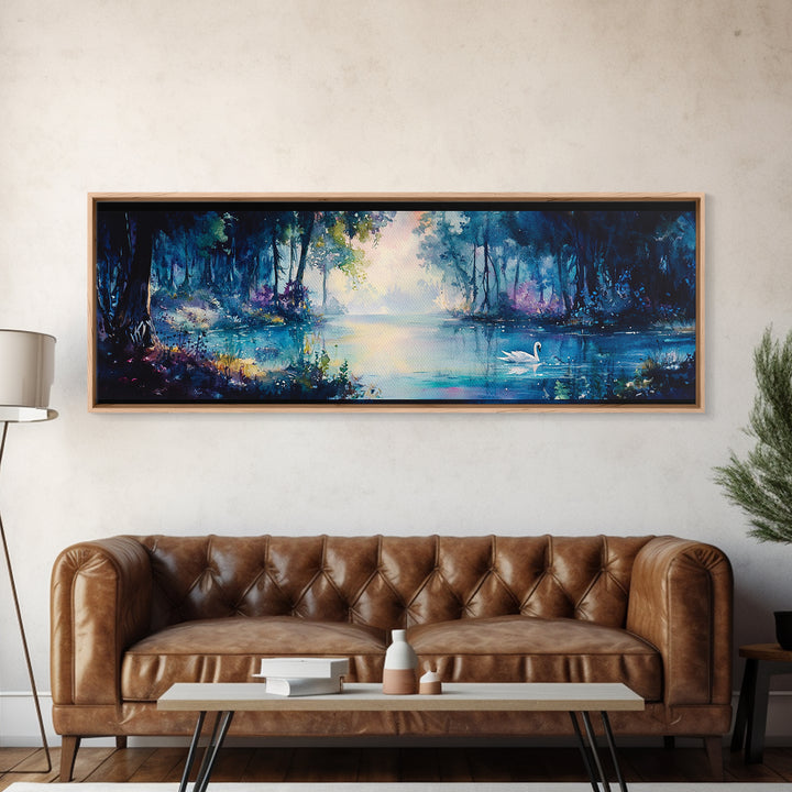Misty Blue Forest Lake With Swan Wall Art, Moody Landscape Canvas Print, Dark Botanical Decor, Calming Living Room Art Print
