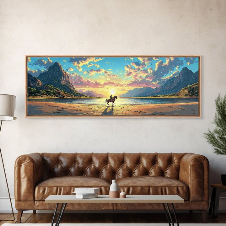 Lone Rider On Sunset Beach Wall Art, Western Coastal Landscape Canvas Print, Mountain Lake Decor, Masculine Office Art Print