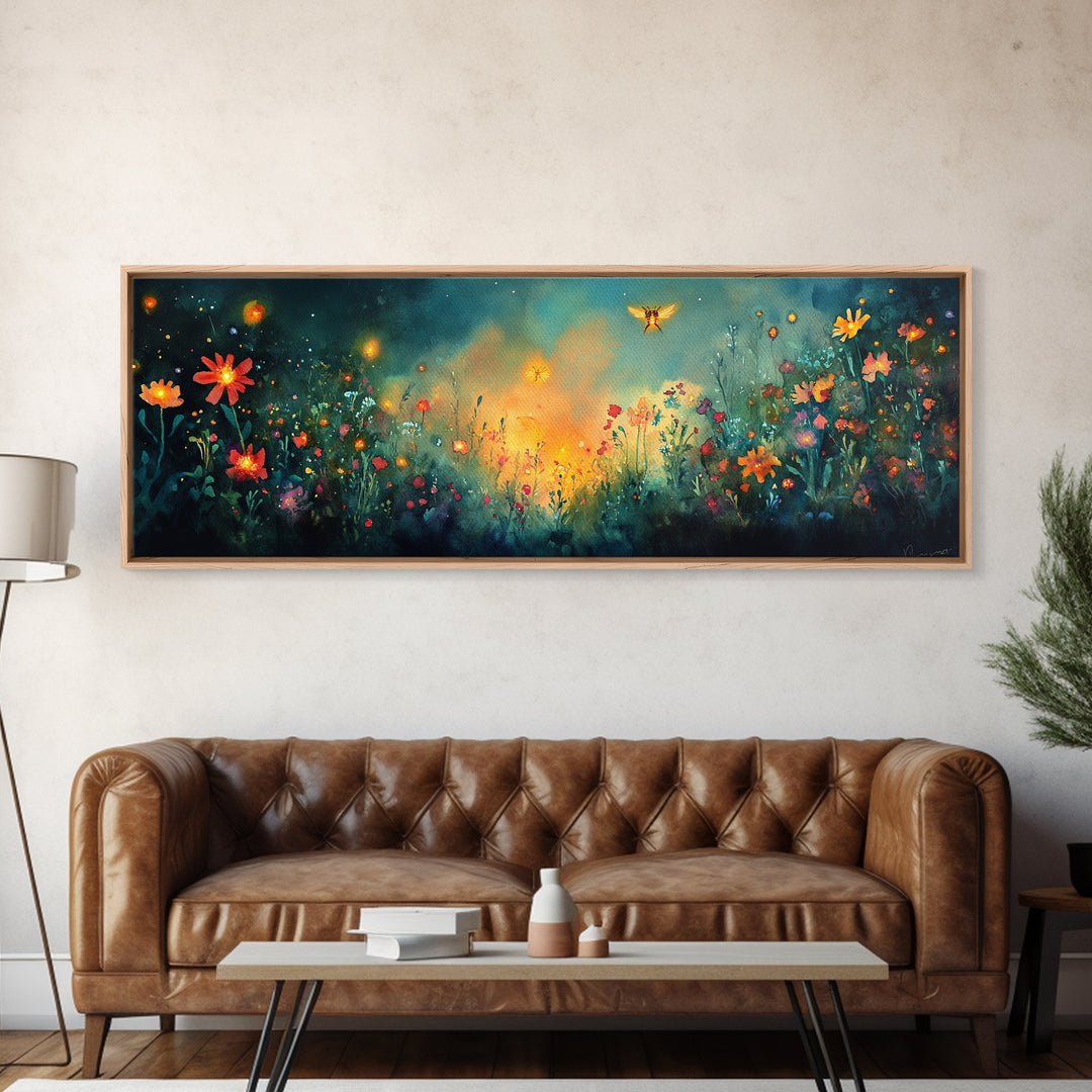 Glowing Wildflower Meadow With Fireflies Wall Art, Whimsical Floral Canvas Print, Dark Botanical Decor, Cozy Bedroom Art