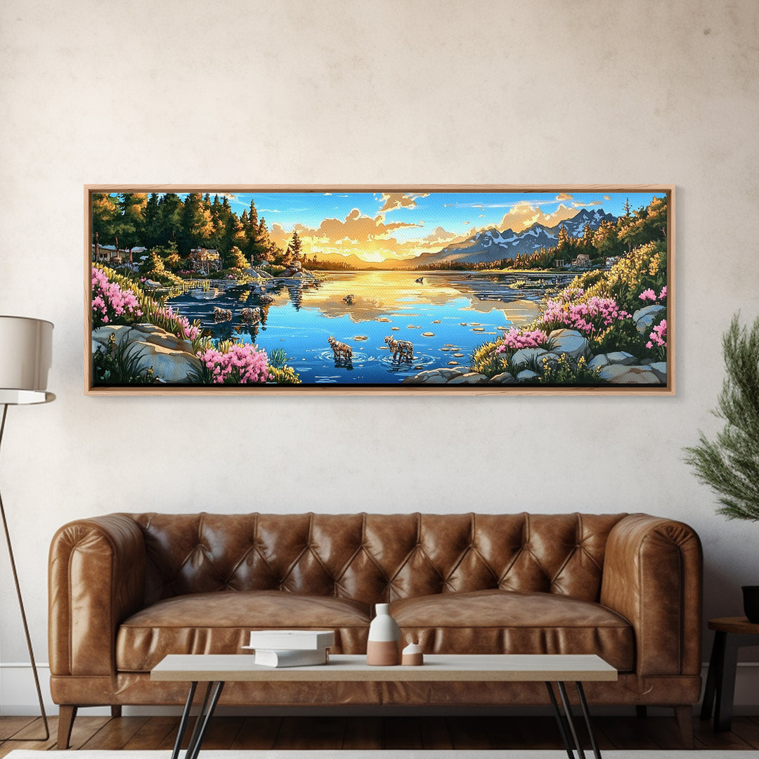 Mountain Lake Sunset With Pink Wildflowers Wall Art, Panoramic Landscape Print, Nature Decor, Living Room Wall Decor, Home Decor