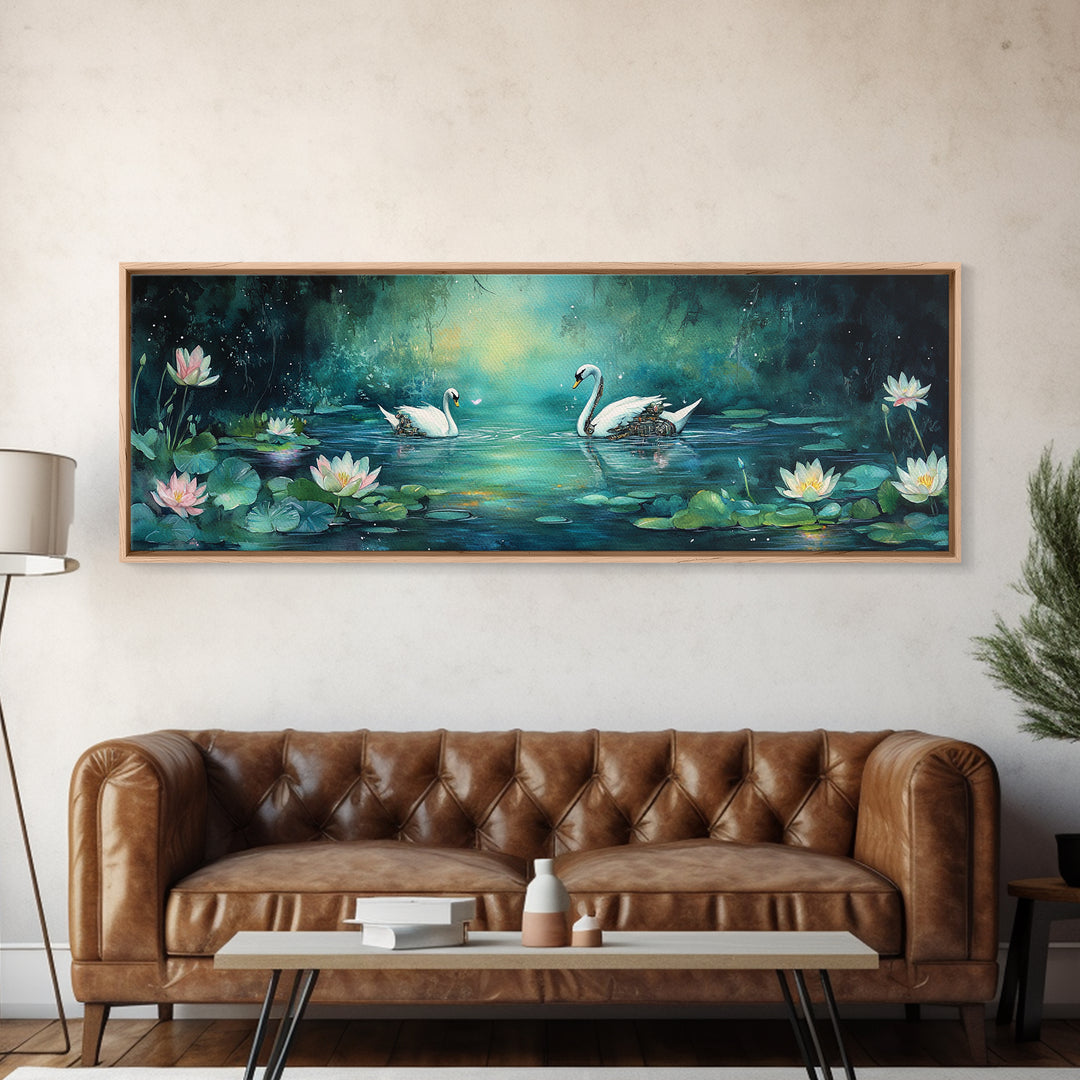 White Swans And Water Lilies Framed Canvas Print, Romantic Nature Wall Art, Elegant Bedroom Decor, Gift For Her, Living Room Art