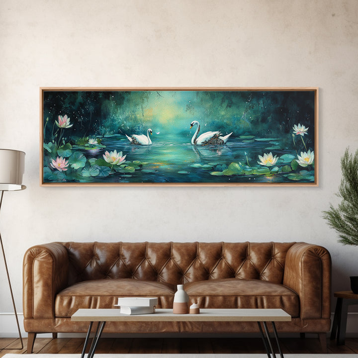 White Swans And Water Lilies Framed Canvas Print, Romantic Nature Wall Art, Elegant Bedroom Decor, Gift For Her, Living Room Art