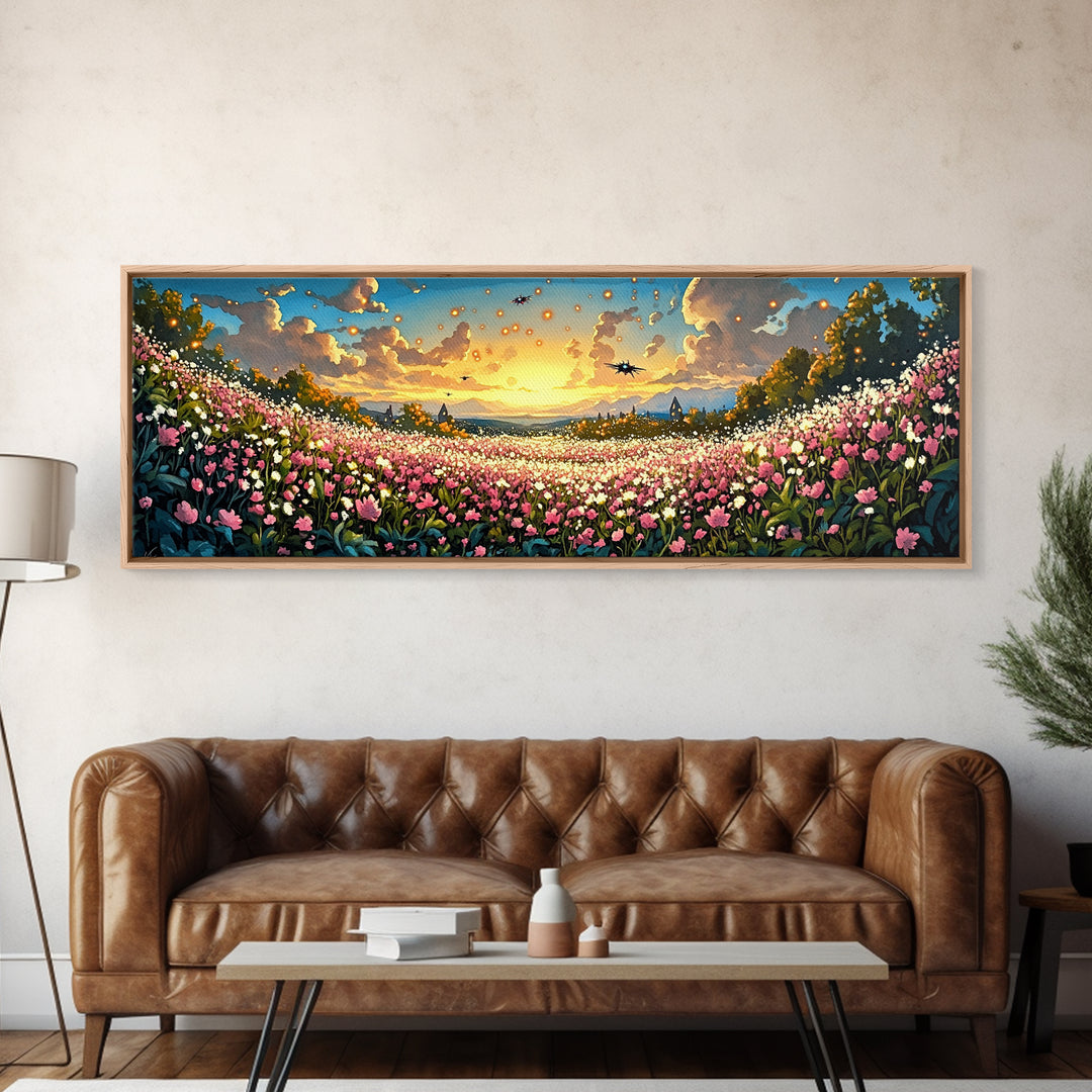 Glowing Lanterns Over Pink Flower Valley Canvas Print, Whimsical Floral Wall Art, Maximalist Decor, Living Room Decor, Home Decor