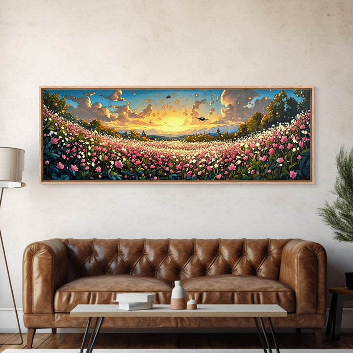 Glowing Lanterns Over Pink Flower Valley Canvas Print, Whimsical Floral Wall Art, Maximalist Decor, Living Room Decor, Home Decor